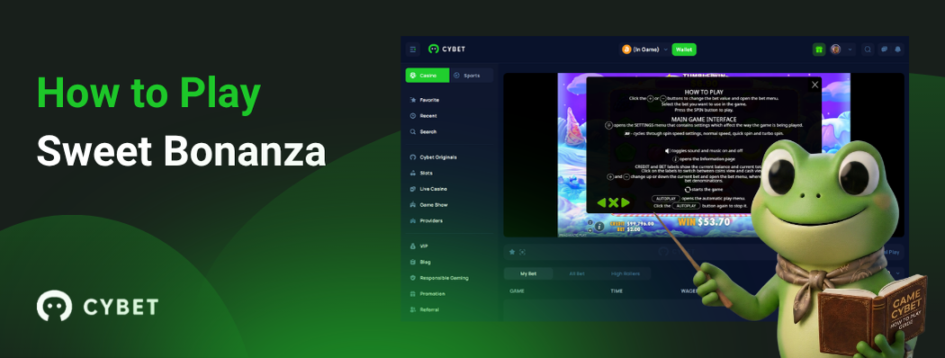 CYBET game screen with the Sweet Bonanza game interface and instructions, featuring the frog mascot.