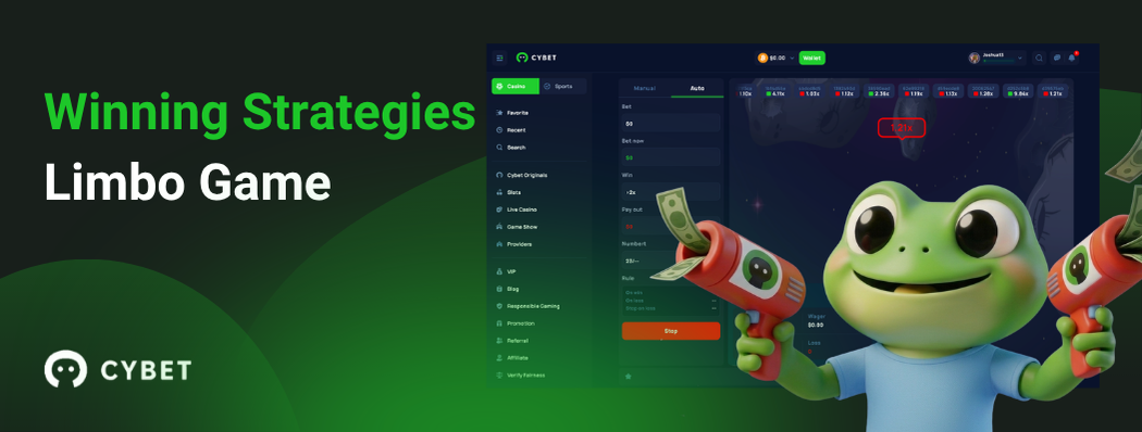 CYBET Limbo game interface displaying winning strategies, with the frog mascot holding money guns.