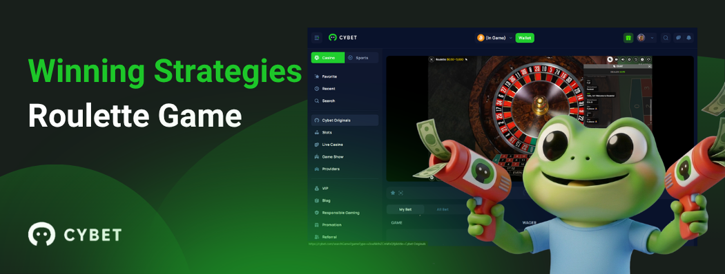 CYBET Roulette game screen with instructions and the frog mascot providing guidance on how to play.