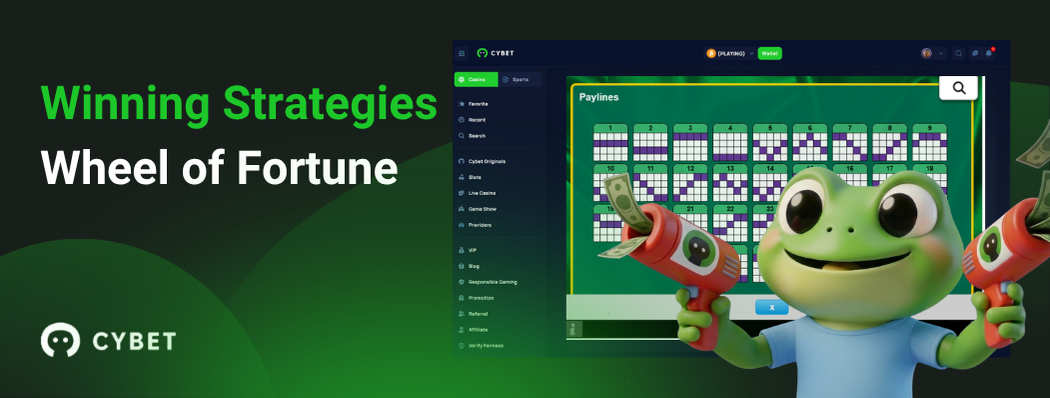 CYBET Wheel of Fortune game interface displaying winning strategies with the frog mascot holding money guns.