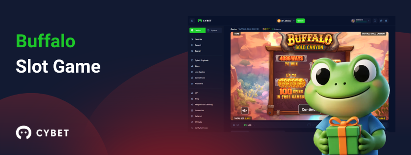 Buffalo slot game screen with Cybet casino interface and cartoon frog mascot holding a green gift box, showcasing the game’s main menu and bonus features.