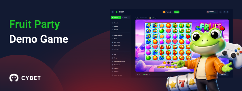 Fruit Party demo game screen with Cybet casino interface and cartoon frog mascot holding a game controller, showing the slot’s colorful fruit-themed reels.