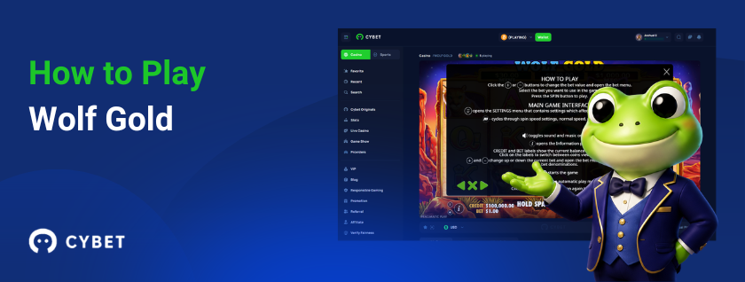 How to play Wolf Gold slot tutorial with Cybet casino interface and frog mascot presenting game instructions