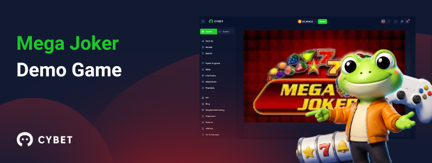 Mega Joker demo game banner with Cybet casino interface and cheerful frog mascot
