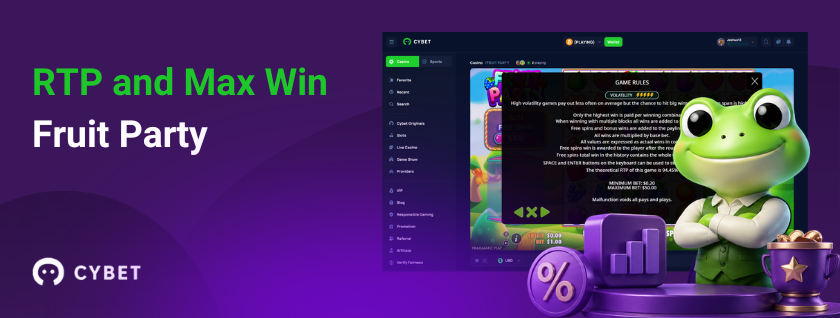 RTP and max win screen for Fruit Party slot with Cybet casino interface and frog mascot beside statistics icons, highlighting payout and game rules.