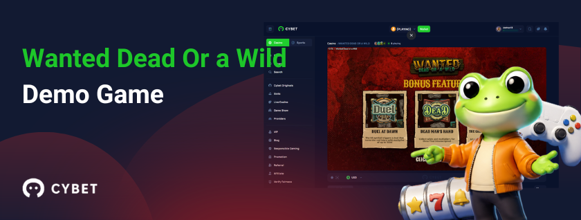 Wanted Dead Or a Wild demo game screen with Cybet casino interface and cartoon frog mascot holding a controller