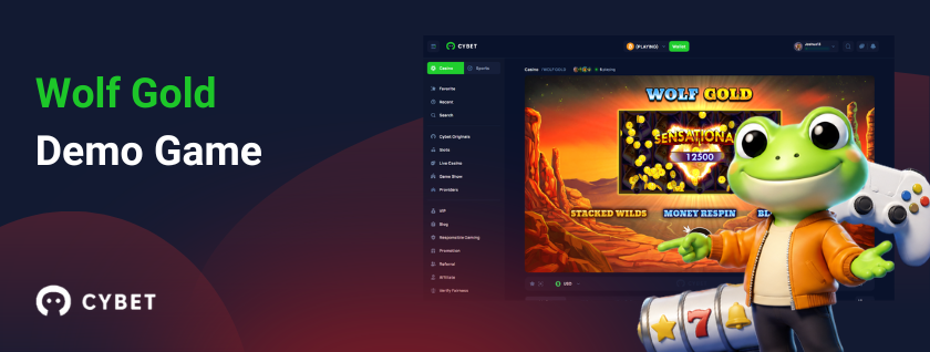 Wolf Gold demo game banner with Cybet casino interface and cheerful frog mascot in orange jacket