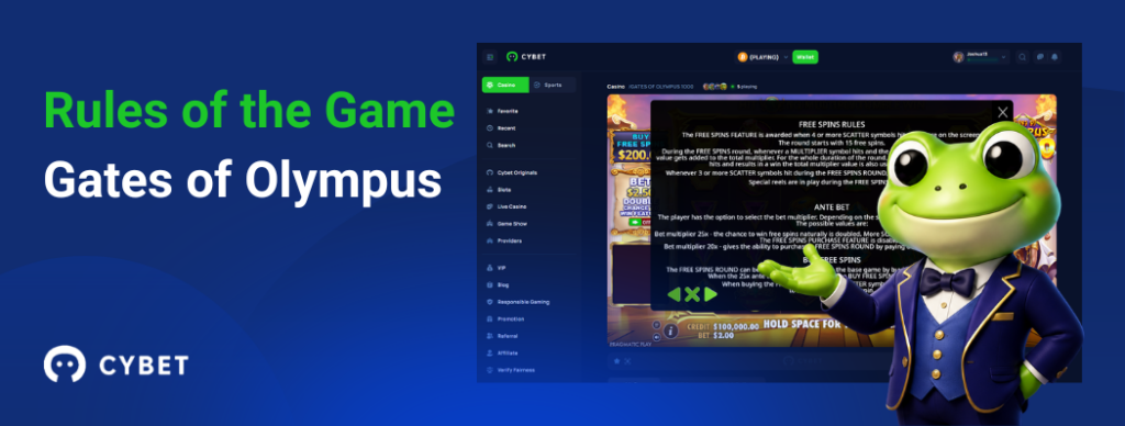 CYBET Gates of Olympus slot rules interface, with the frog mascot explaining multipliers and free spins mechanics.