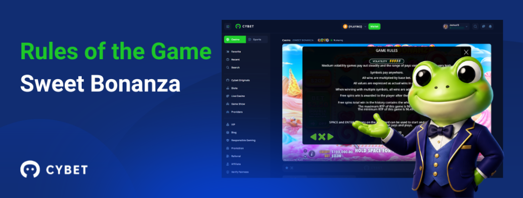 CYBET Sweet Bonanza slot rules interface, with the frog mascot explaining tumble features and multipliers.