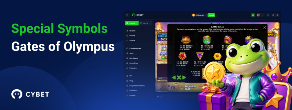 Gates of Olympus game interface featuring special symbols and payout values, with the frog mascot holding a star trophy.