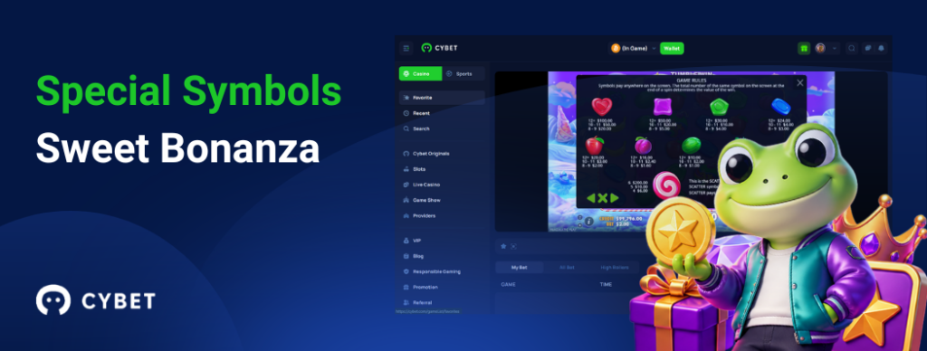 Sweet Bonanza game interface highlighting special symbols and their payouts, with the frog mascot holding a golden prize.
