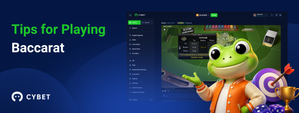 CYBET Baccarat game interface displaying tips for playing, with the frog mascot wearing an orange jacket and holding a trophy.