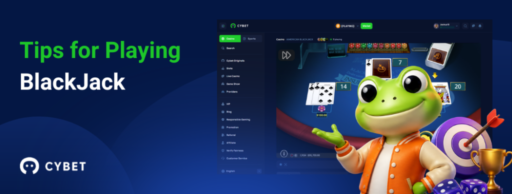 CYBET Blackjack game interface displaying tips for playing, with the frog mascot wearing an orange jacket and holding a trophy.