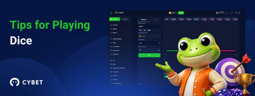 CYBET Dice game interface displaying tips for playing, with the frog mascot wearing an orange jacket and holding a trophy.