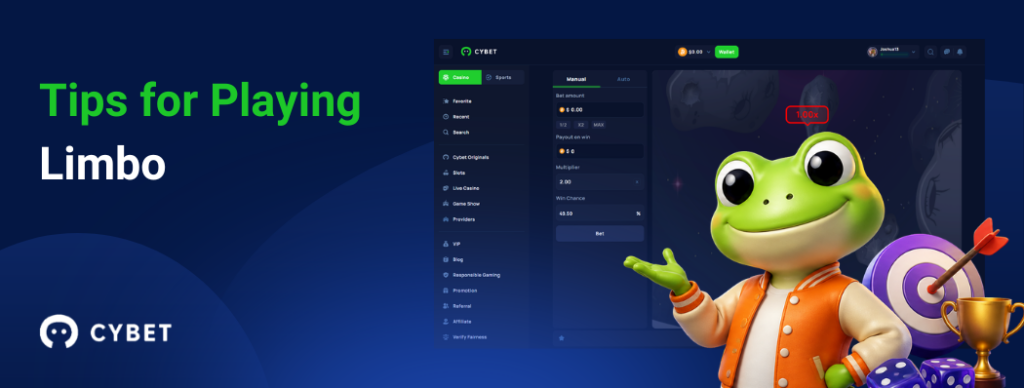 CYBET Limbo game interface displaying tips for playing, with the frog mascot wearing an orange jacket and holding a trophy.