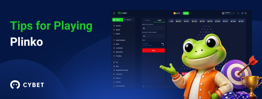 CYBET Plinko game interface displaying tips for playing, with the frog mascot wearing an orange jacket and holding a trophy.