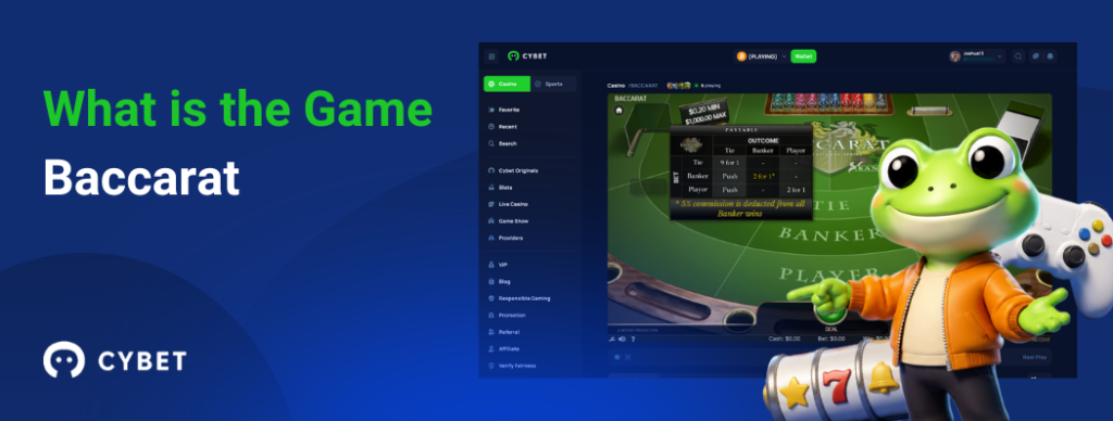 CYBET Baccarat game interface explaining gameplay mechanics, with the frog mascot pointing at the table layout.