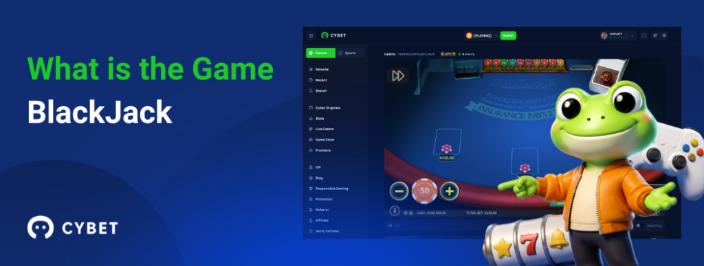 CYBET Blackjack game interface explaining gameplay mechanics, with the frog mascot pointing at the card table.