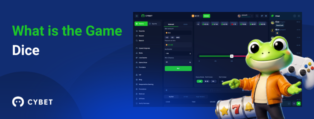 CYBET Dice game interface explaining gameplay mechanics, with the frog mascot pointing at the slider controls.