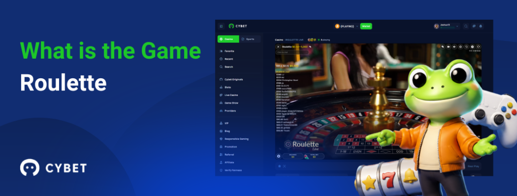 CYBET Roulette game interface explaining gameplay mechanics, with the frog mascot pointing at the roulette table.