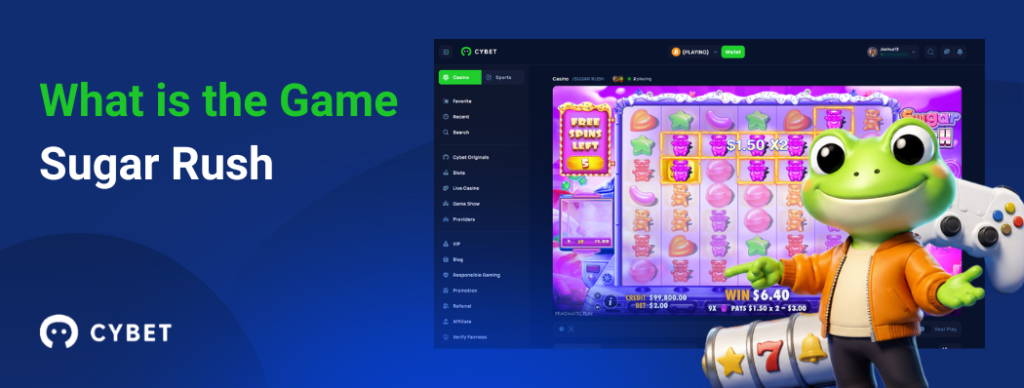 CYBET Sugar Rush game interface explaining gameplay mechanics, with the frog mascot pointing at the slot reels.