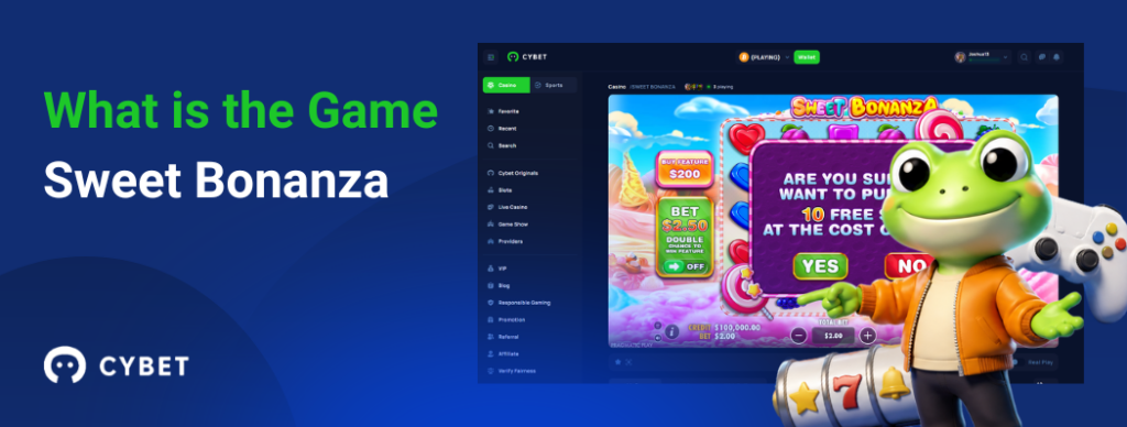 CYBET Sweet Bonanza game interface explaining gameplay mechanics, with the frog mascot pointing at the bonus feature screen.
