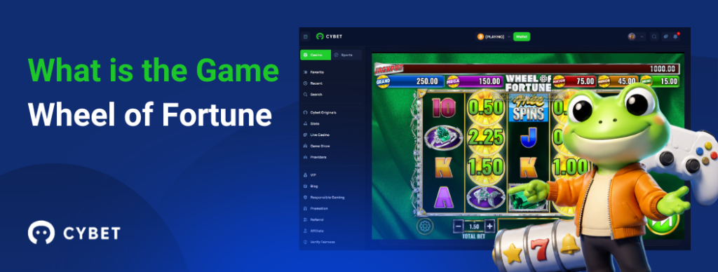 CYBET Wheel of Fortune game interface explaining gameplay mechanics, with the frog mascot pointing at the reels and jackpot values.