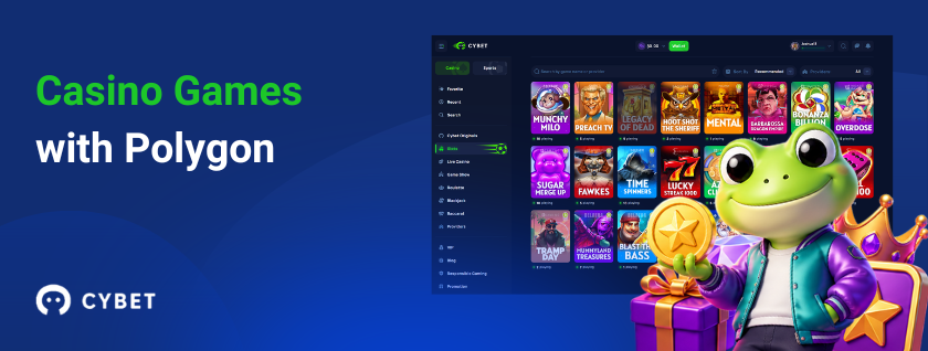 Cybet casino slots page on a laptop showing a variety of game thumbnails, a frog mascot in a purple outfit with a gold coin, a gift box, and a star, and the text "Casino Games with Polygon".