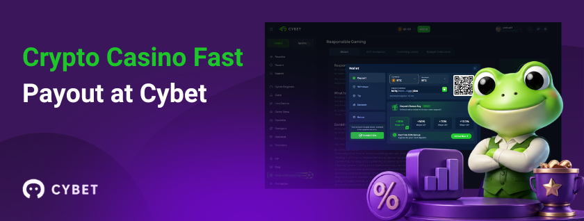 Cybet casino wallet interface in the background with a frog mascot surrounded by chart icons, a percentage chip, and gold coins, with the text "Crypto Casino Fast Payout at Cybet".