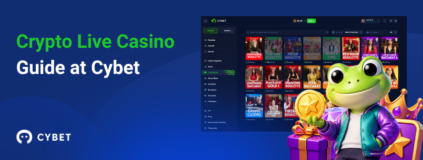 Cybet casino live dealer section on a laptop displaying live game thumbnails, a frog mascot in a purple outfit with a gold coin, a gift box, and a star, and the text "Crypto Live Casino Guide at Cybet".