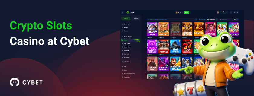 Cybet casino slots page on a laptop displaying a variety of slot game thumbnails, a frog mascot in an orange jacket holding a game controller next to a slot machine icon, and the text "Crypto Slots Casino at Cybet".