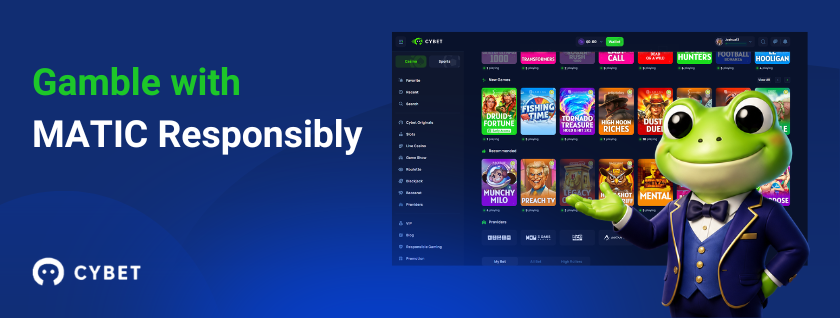 Cybet casino game library on a laptop featuring popular slots and original games, a frog mascot in a formal blue suit, and the text "Gamble with MATIC Responsibly".