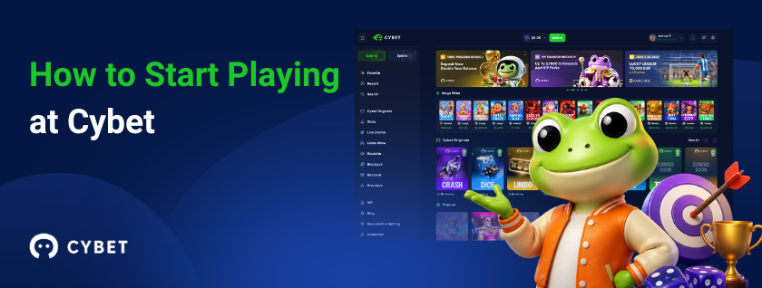 Cybet casino homepage on a laptop showing game categories and popular titles, a frog mascot in an orange jacket next to a target icon and a golden trophy, and the text "How to Start Playing at Cybet".