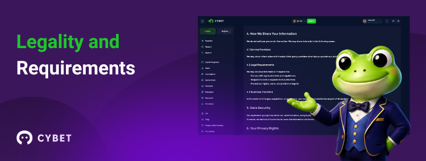 Cybet casino terms and policy page on a laptop, a frog mascot in a formal blue suit gesturing toward the screen, and the text "Legality and Requirements".