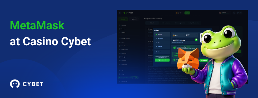 Cybet casino wallet page in the background, a frog mascot in a colorful jacket holding a MetaMask fox logo, and the text "MetaMask at Casino Cybet".