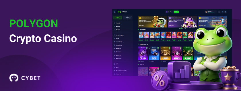 Cybet casino homepage on a laptop displaying game categories and popular titles, a frog mascot surrounded by chart icons, a percentage chip, and gold coins, and the text "Polygon Crypto Casino".