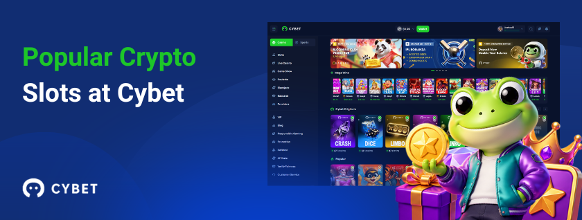 Cybet casino homepage on a laptop showcasing original games and popular slots, a frog mascot in a purple outfit with a gold coin, a gift box, and a star, and the text "Popular Crypto Slots at Cybet".