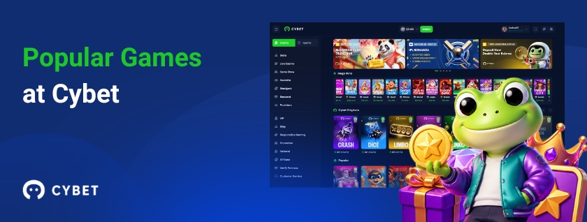 Cybet casino homepage on a laptop displaying original games like Crash and Dice, a frog mascot in a purple outfit with a gold coin, a gift box, and a star, and the text "Popular Games at Cybet".