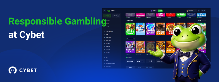 Cybet casino game library on a laptop displaying slot titles and categories, a frog mascot in a formal blue suit, and the text "Responsible Gambling at Cybet".