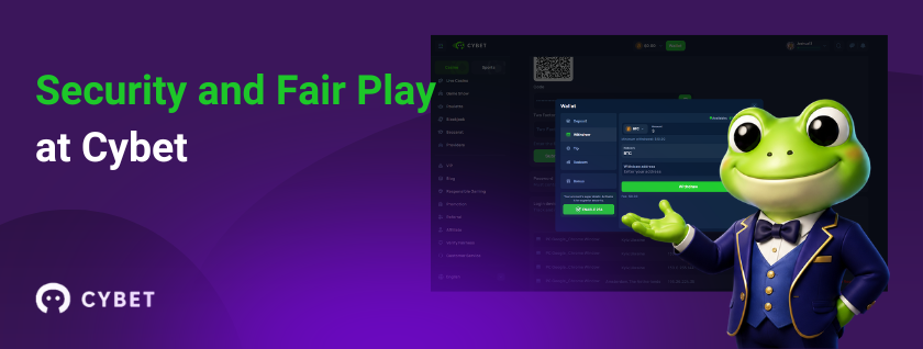 Cybet casino responsible gaming page in the background, a frog mascot in a formal blue suit gesturing toward the screen, and the text "Security and Fair Play at Cybet".