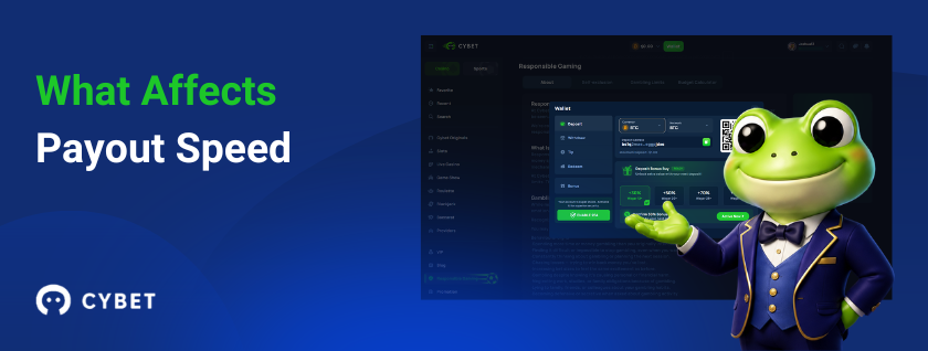 Cybet casino responsible gaming page on a laptop, a frog mascot in a formal blue suit gesturing toward the screen, and the text "What Affects Payout Speed".